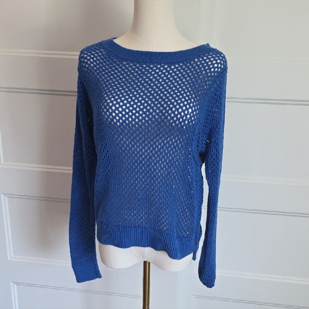 Michael Kors Blue Crew Neck Open-Knit Sweater